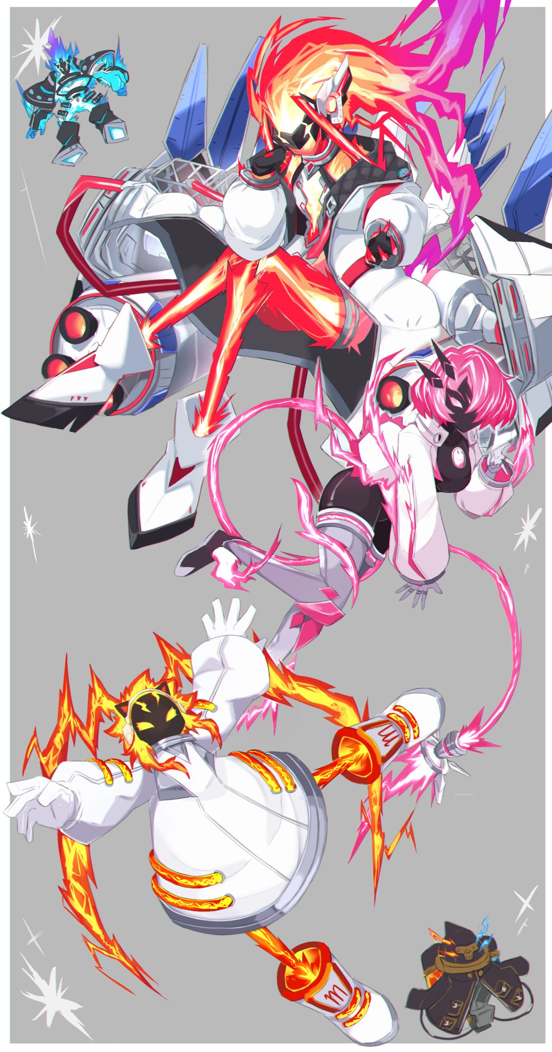 2girls, 3others, black_gloves, breasts, duel_monster, fingerless_gloves, floating, full_body, gigantic_splight, gloves, highres, jacket, long_hair, long_sleeves, medium_breasts, monster_girl, multiple_girls, multiple_others, open_clothes, open_jacket, outstretched_arms, pink_hair, puffy_long_sleeves, puffy_sleeves, sakuragi_raia, shoes, short_hair, shorts, spread_arms, spread_legs, spright_carrot, spright_elf, spright_red, spright_sprind, tail, white_gloves, white_jacket, yu-gi-oh!