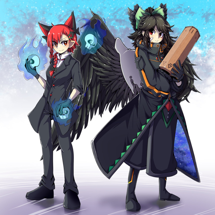 2girls, alternate_costume, arm_cannon, bandaid, bandaid_on_face, bird_wings, black_footwear, black_gloves