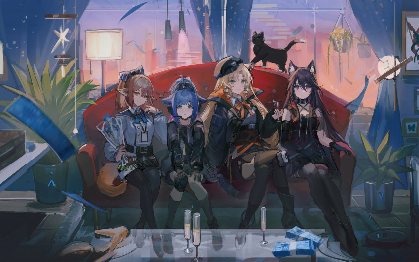 4girls, absurdres, animal_ears, arknights, asymmetrical_gloves, black_gloves, black_hair, black_thighhighs
