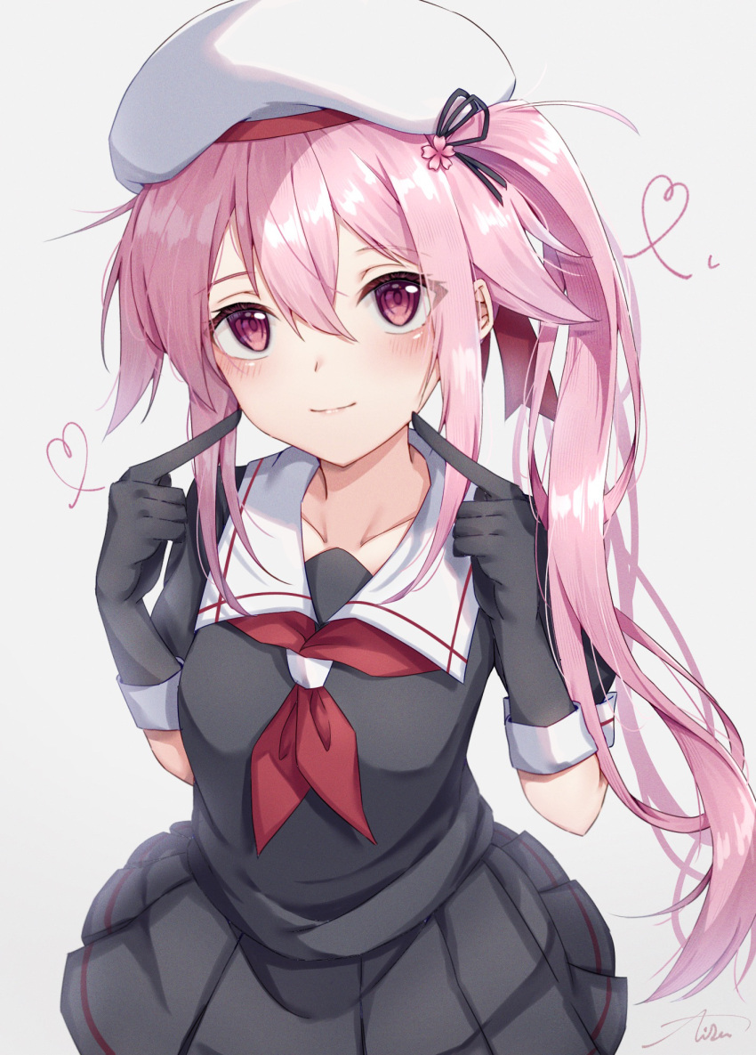 1girl, beret, black_gloves, black_ribbon, black_serafuku, black_skirt, blush, closed_mouth