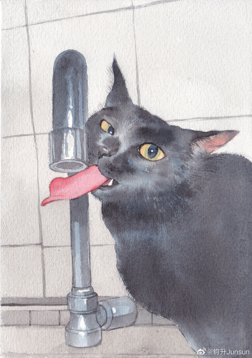 animal_focus, black_cat, cat, colored_sclera, fang, faucet, feet_out_of_frame, full_body, highres, indoors, junsun, kitchen, long_tongue, looking_at_viewer, no_humans, original, tongue, tongue_out, traditional_media, weibo_logo, weibo_username, white_background, yellow_sclera