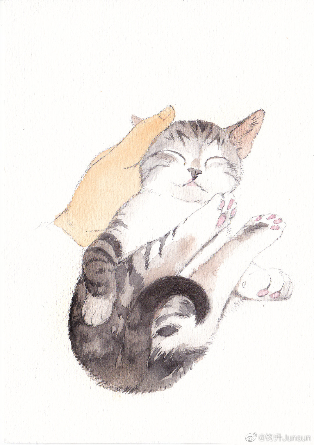1other, ^_^, affectionate, animal_focus, cat, closed_eyes, full_body, happy, highres, junsun, lying, on_back, original, petting, pov, pov_hands, traditional_media, weibo_logo, weibo_username, white_background