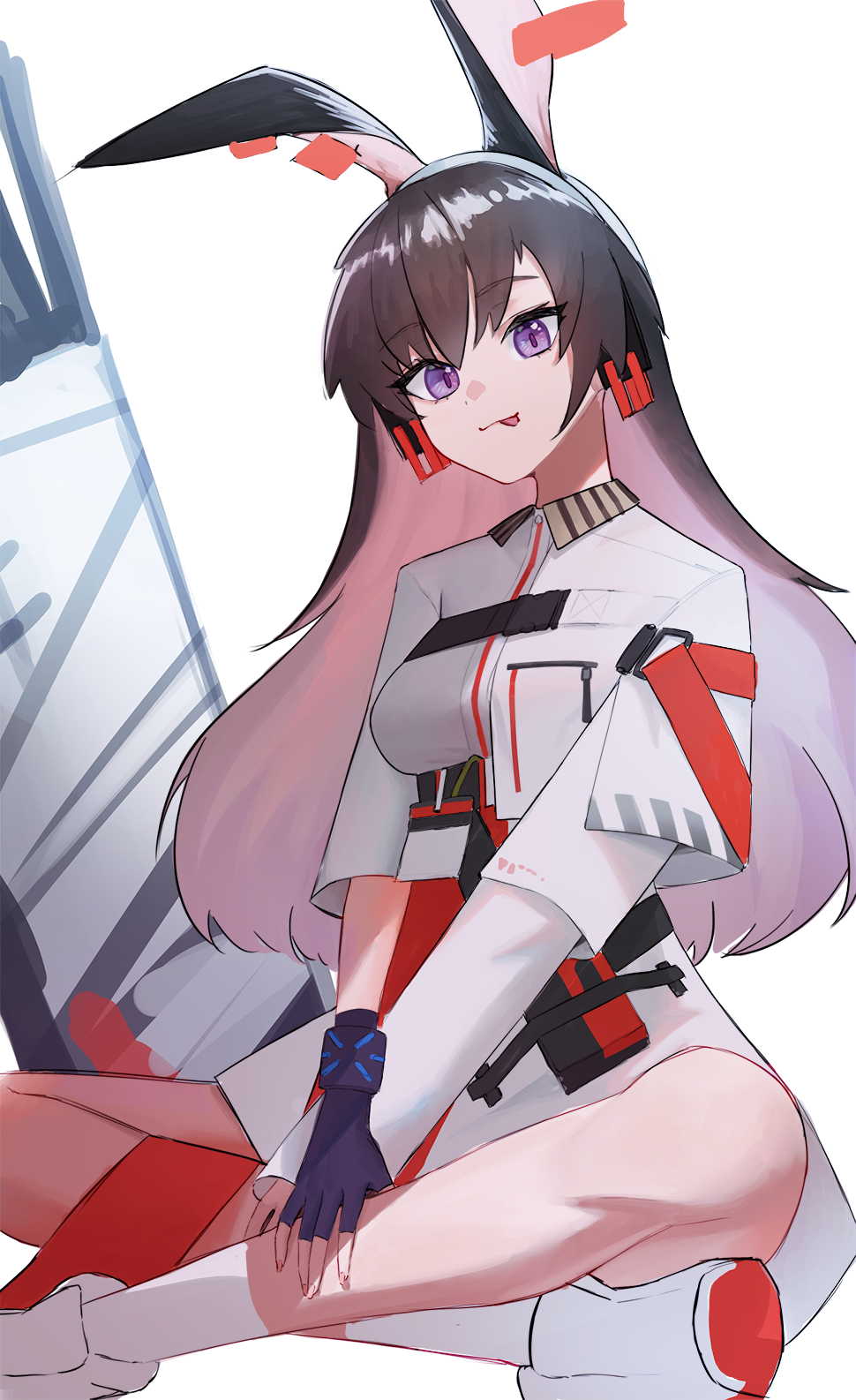1girl, animal_ears, april_(arknights), arknights, asymmetrical_sleeves, brown_hair, dress, fingerless_gloves, gloves, headphones, highres, indian_style, long_hair, oni22, rabbit_ears, single_fingerless_glove, sitting, sketch, tongue, tongue_out, violet_eyes, white_dress