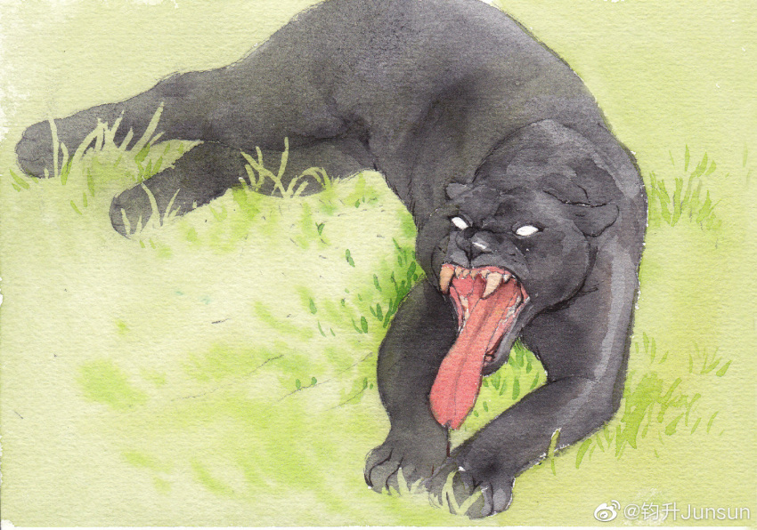 animal_focus, black_panther, fangs, full_body, glowing, glowing_eyes, grass, junsun