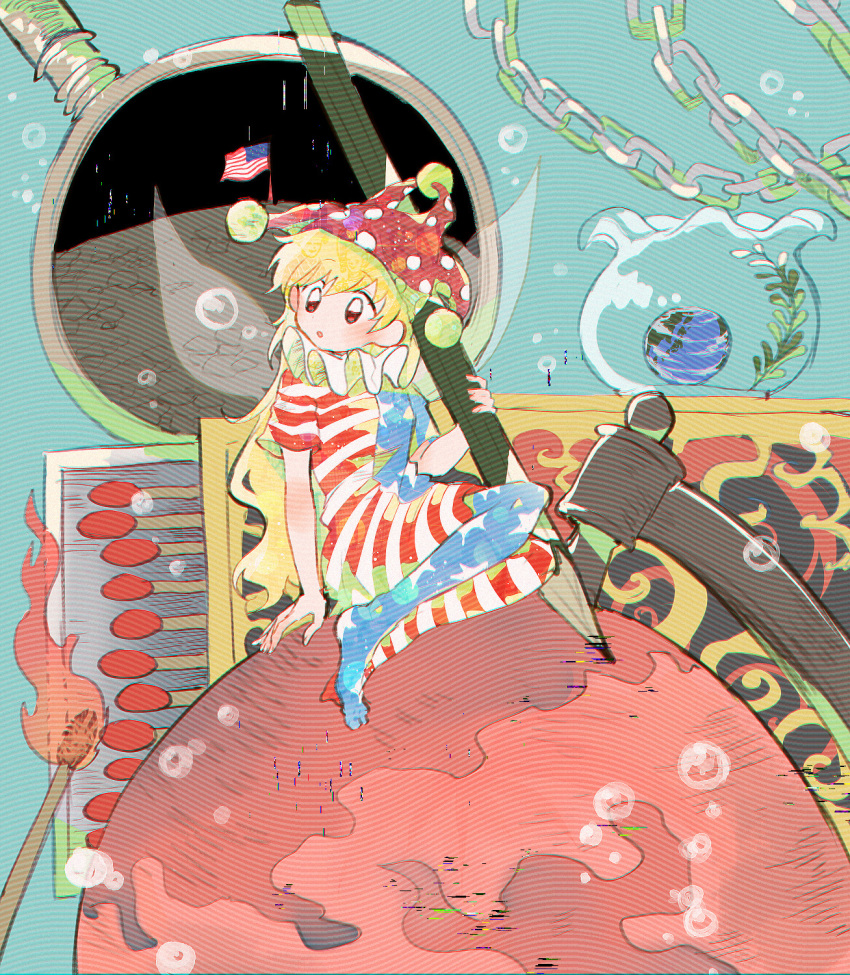 1girl, american_flag, american_flag_dress, american_flag_legwear, blonde_hair, blush, chain, clownpiece