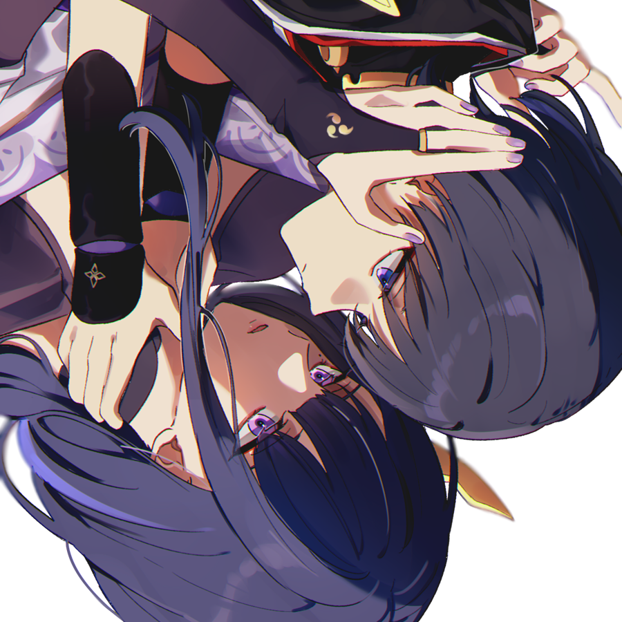 1boy, 1girl, braid, braided_ponytail, genshin_impact, nukoji, open_mouth, purple_hair, raiden_shogun, scaramouche_(genshin_impact), violet_eyes