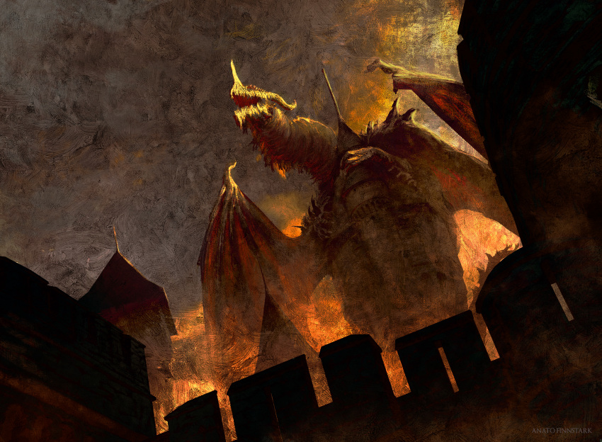 absurdres, anato_finnstark, artist_name, castle, clouds, cloudy_sky, dragon, grey_sky