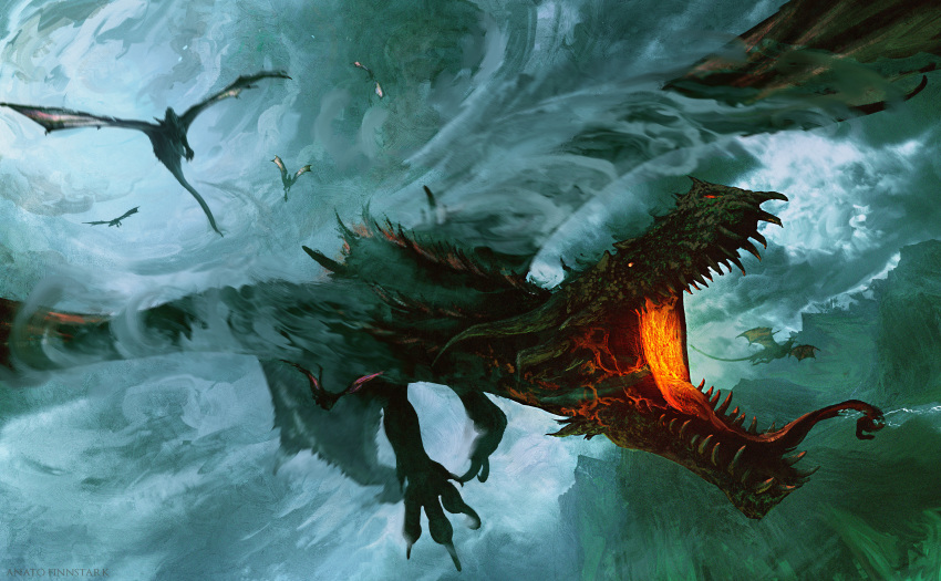 absurdres, anato_finnstark, ancalagon, clouds, cloudy_sky, dragon, giant, giant_monster
