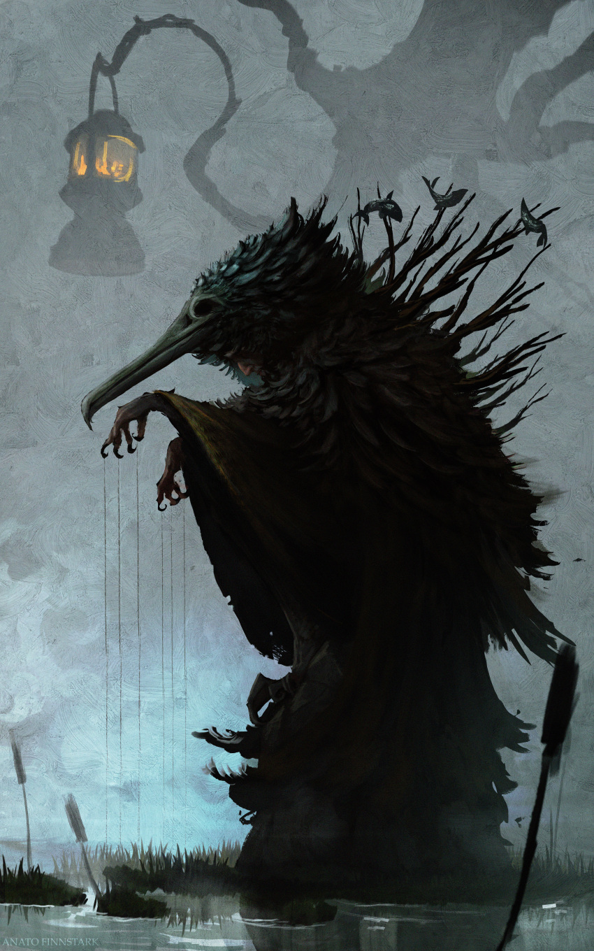 1other, absurdres, ambiguous_gender, anato_finnstark, animal_head, beak, cattail, claws, cormorant, fish, fishing, from_side, hands_up, highres, lantern, monster, original, plant, puppet_strings, spikes, wetland
