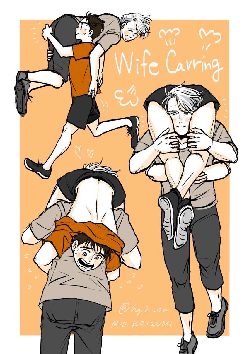 2boys, ^_^, absurdres, artist_name, black_hair, carrying_over_shoulder, closed_eyes, english_text, flying_sweatdrops, heart, highres, katsuki_yuuri, koizumi_riu, male_focus, multiple_boys, open_mouth, orange_background, running, shirt, shoes, shorts, smile, sneakers, sweat, t-shirt, viktor_nikiforov, white_hair, yuri!!!_on_ice