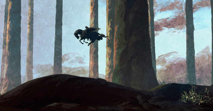 1boy, absurdres, anato_finnstark, berserk, flying, from_side, giant_tree, highres