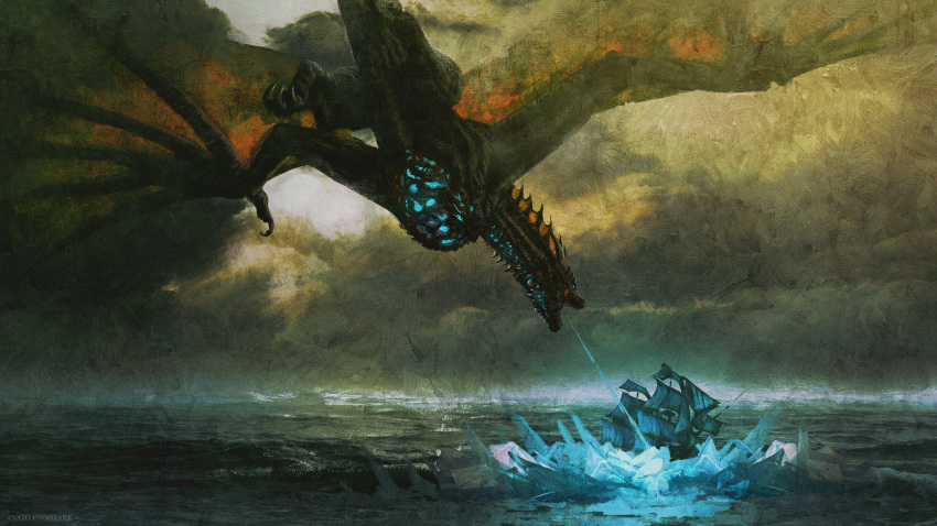 absurdres, anato_finnstark, breathing_ice, clouds, cloudy_sky, dragon, flying, game_of_thrones