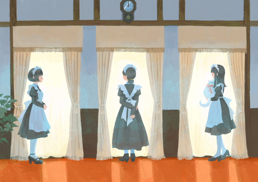 3girls, absurdres, animal, apron, arms_behind_back, bangs, black_dress, black_hair