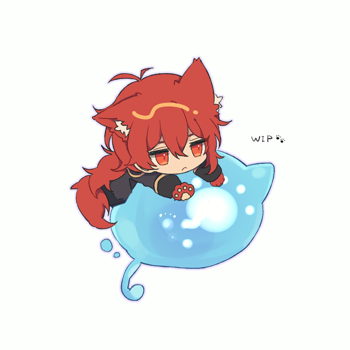 1boy, :<, animal_ear_fluff, animal_ears, antenna_hair, bangs, cat_ears, cat_tail, chibi, closed_mouth, coat, commentary, diluc_(genshin_impact), genshin_impact, male_focus, nukoji, paw_print_soles, ponytail, red_eyes, redhead, seelie_(genshin_impact), simple_background, solo, tail, white_background