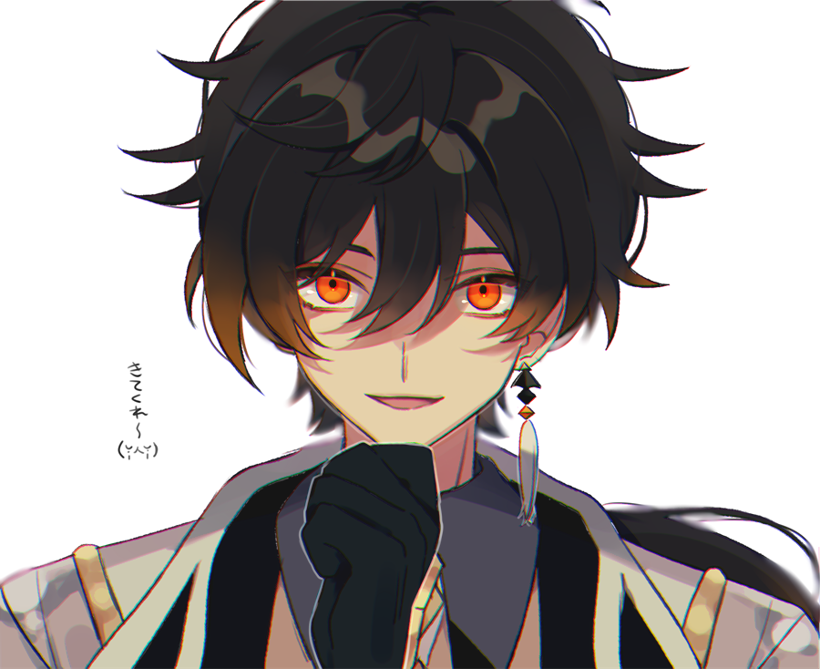 1boy, bangs, black_gloves, black_hair, brown_hair, collared_shirt, commentary, diamond-shaped_pupils