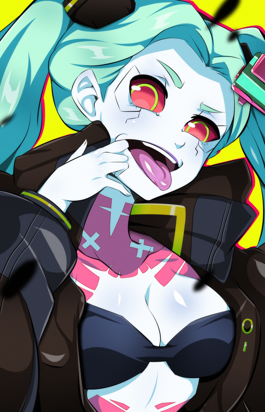 1girl, absurdres, artificial_eye, breasts, colored_sclera, colored_skin, cyberpunk_(series), cyberpunk_edgerunners, dvljoe, finger_in_own_mouth, green_hair, highres, joemarsalanga, mechanical_eye, medium_breasts, pink_tattoo, rebecca_(cyberpunk_edgerunners), red_eyes, red_sclera, samurai_jacket_(cyberpunk_2077), tongue, tongue_out, twintails, upper_body, white_skin
