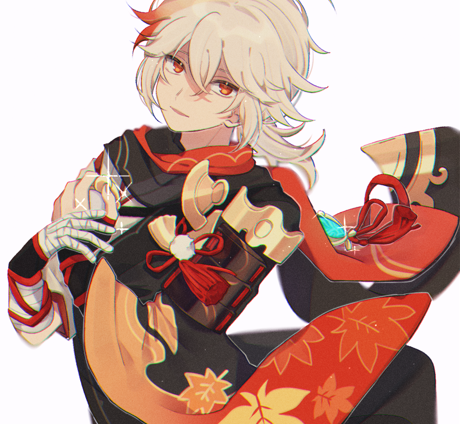 1boy, antenna_hair, armor, bandaged_arm, bandages, bangs, black_gloves, commentary