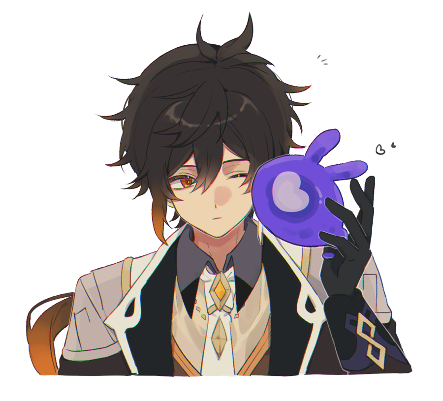 1boy, antenna_hair, bangs, black_gloves, brown_hair, closed_mouth, commentary_request, earrings
