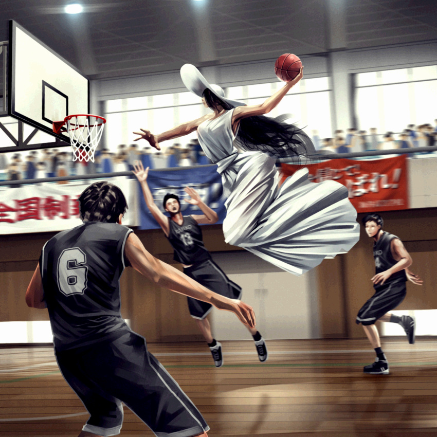 1girl, 2ch, 3boys, audience, bare_arms, baseball_jersey, basketball, black_hair, black_shorts, breasts, crowd, dress, hasshaku-sama, hat, highres, imperfectring, indoors, jumping, large_breasts, long_hair, motion_blur, multiple_boys, realistic, short_hair, shorts, slam_dunk_(basketball), sportswear, sun_hat, tall_female, white_dress, white_headwear