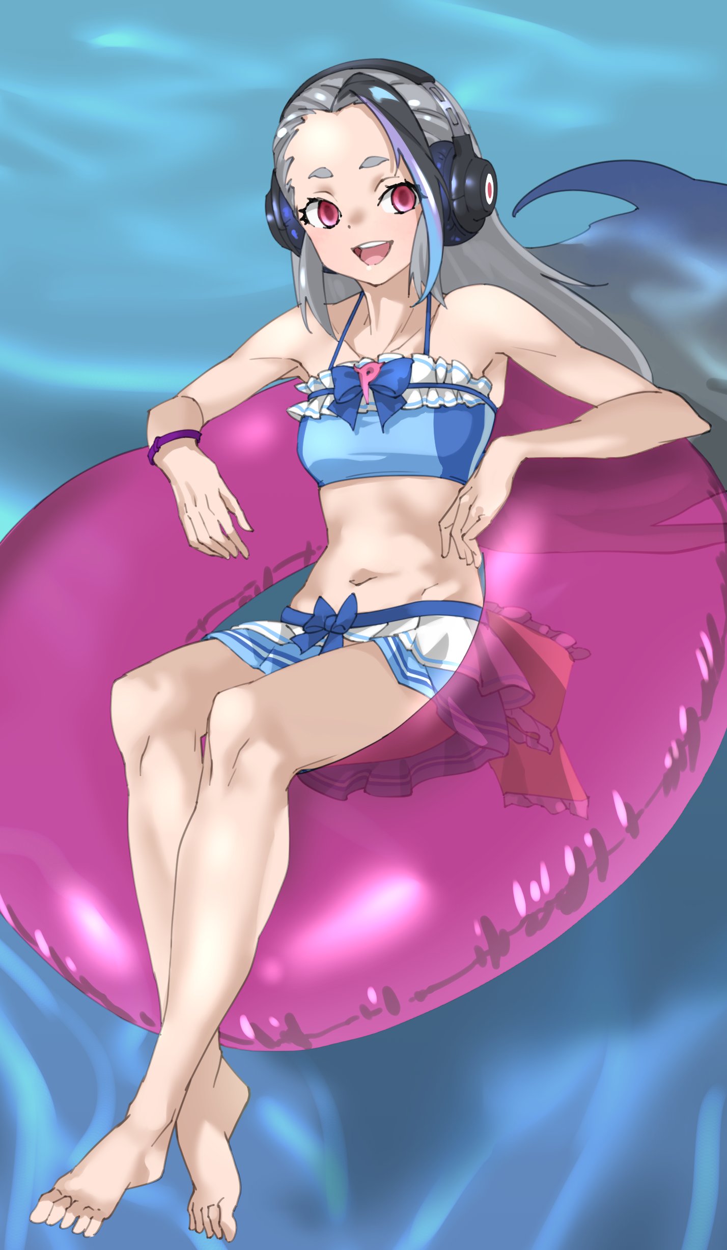 absurdres, alternate_costume, bare_legs, bare_shoulders, barefoot, bikini, bikini_skirt, black_hair