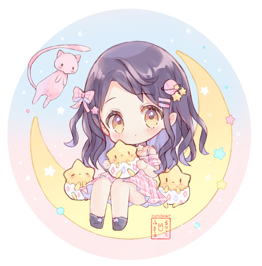 1girl, artist_name, bangs, bare_legs, blush, bow, chibi, commentary_request