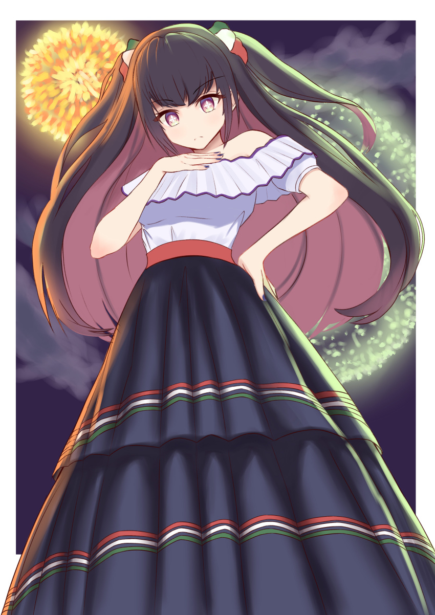 >:(, 1girl, absurdres, black_hair, black_skirt, blouse, blue_nails, border, colored_inner_hair, dress, fireworks, flag_print, from_below, frown, gradient_eyes, hand_on_hip, hand_on_own_chest, highres, hina_misora, laitochris, layered_skirt, long_hair, mexican_dress, mexican_flag, mexico, multicolored_eyes, multicolored_hair, night, night_sky, off-shoulder_dress, off-shoulder_shirt, off_shoulder, outside_border, pink_eyes, pink_hair, red_sash, sash, shirt, skirt, sky, solo, symbol-shaped_pupils, two-tone_hair, two_side_up, v-shaped_eyebrows, virtual_youtuber, wactor_production, white_border, white_shirt, yellow_eyes