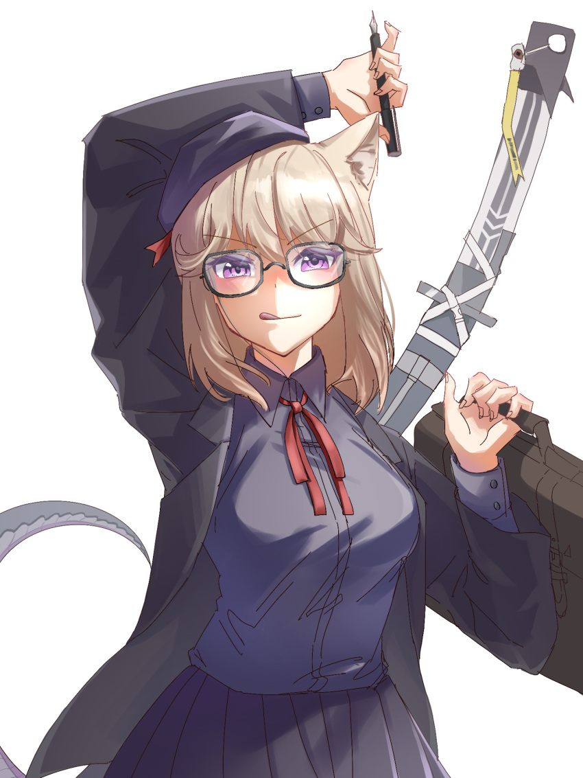 1girl, :q, animal_ears, arknights, bag, beret, black_bag, black_jacket