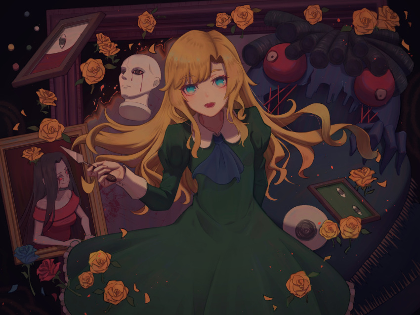 1other, 2girls, :o, absurdres, ascot, blonde_hair, blood, blood_from_eyes, blue_eyes, colored_skin, doll_(ib), dress, flower, green_dress, grey_skin, highres, holding, holding_knife, ib, ib_(ib), knife, long_hair, long_sleeves, mary_(ib), multiple_girls, oukafafafa, painting_(object), palette_knife, red_eyes, statue, yellow_flower