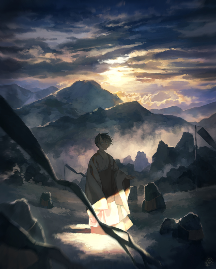 1boy, black_hair, clouds, flag, full_body, grey_eyes, highres, hise