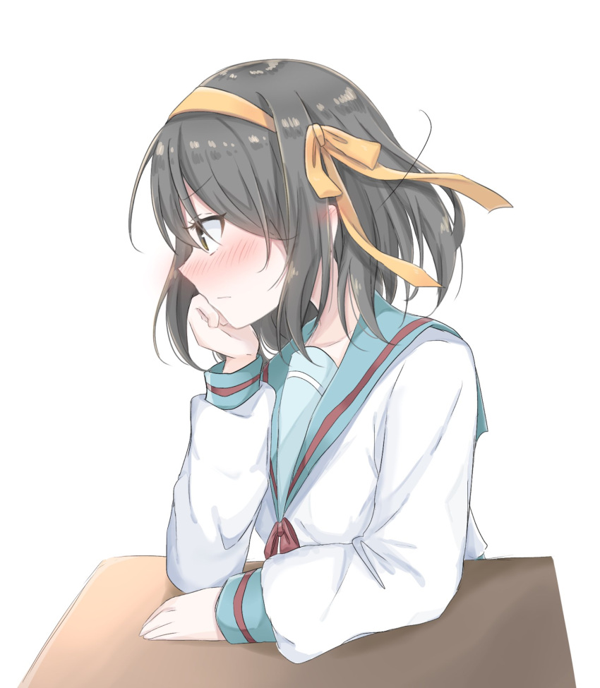 1girl, bangs, black_hair, blue_sailor_collar, blush, brown_eyes, desk, fu7
