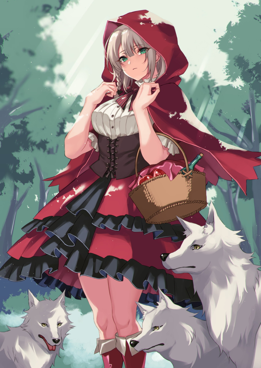 1girl, apple, boots, bottle, braid, breasts, cape, corset