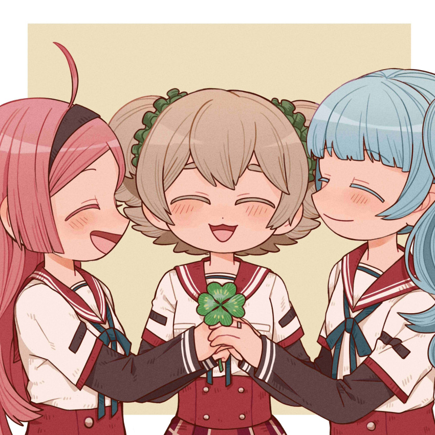 3girls, :3, :d, absurdres, ahoge, aino_mito, aqua_ribbon, bangs, black_hairband, black_sleeves, blue_hair, blunt_bangs, blush, border, breast_pocket, brown_background, buttons, cantaurus, closed_eyes, closed_mouth, clover, colored_eyelashes, commentary, dot_nose, double_bun, four-leaf_clover, from_side, hair_between_eyes, hair_bun, hairband, highres, holding, holding_clover, holding_hands, holding_plant, ibuki_leila, kamihama_university_affiliated_school_uniform, kumi_seika, layered_sleeves, light_brown_hair, long_hair, long_sleeves, magia_record:_mahou_shoujo_madoka_magica_gaiden, mahou_shoujo_madoka_magica, multiple_girls, neck_ribbon, open_mouth, outside_border, pink_hair, plaid, plaid_skirt, plant, pocket, profile, red_sailor_collar, red_skirt, ribbon, sailor_collar, sailor_shirt, school_uniform, serafuku, shirt, short_hair, short_over_long_sleeves, short_sleeves, side_ponytail, skirt, smile, straight-on, straight_hair, swept_bangs, symbol-only_commentary, thick_eyebrows, upper_body, wavy_hair, white_border, white_shirt