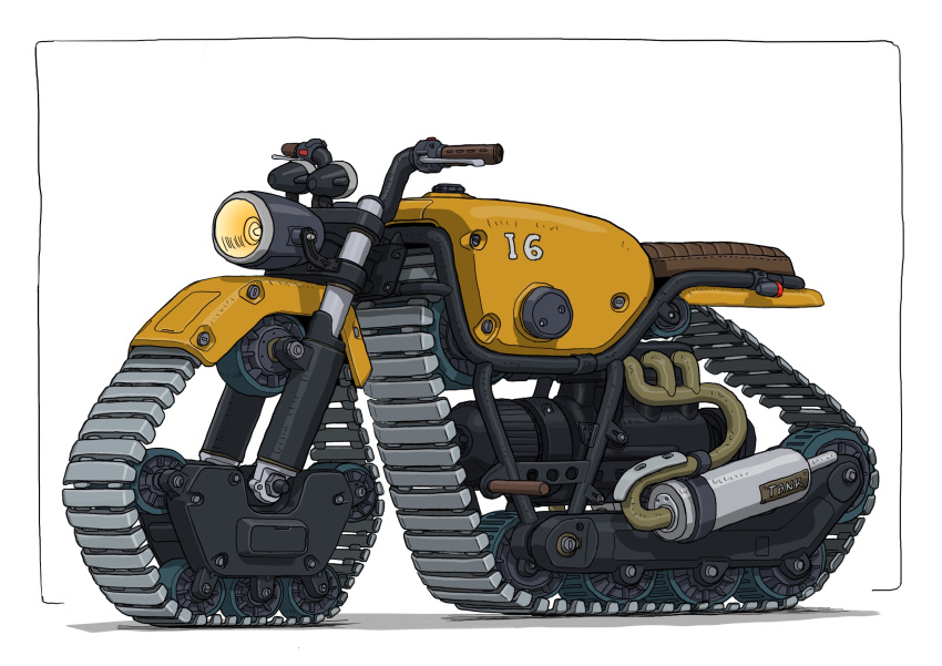 caterpillar_tracks, gatling_santouhei, ground_vehicle, headlight, highres, machinery, motor_vehicle, motorcycle