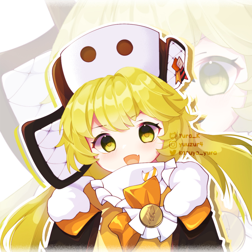 1girl, :d, badge, bangs, blonde_hair, coat, fang, fur-trimmed_coat