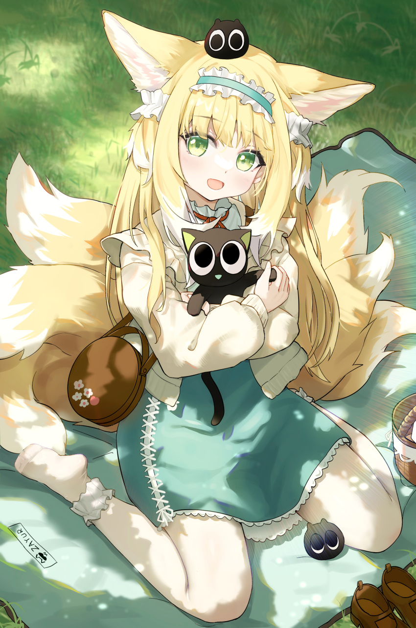 1girl, :d, absurdres, animal, animal_ears, arknights, blonde_hair, blue_hairband