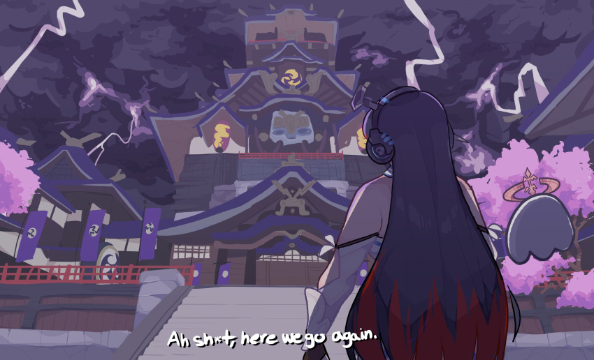 1girl, absurdres, ah_shit_here_we_go_again_(meme), architecture, black_hair, building, clouds, colored_tips, cosplay, detached_sleeves, dress, east_asian_architecture, english_commentary, english_text, from_behind, genshin_impact, grand_theft_auto, grand_theft_auto:_san_andreas, headphones, highres, lightning, long_hair, lumine_(genshin_impact), lumine_(genshin_impact)_(cosplay), meme, mika_melatika, multicolored_hair, nail, nijisanji, nijisanji_id, parody, redhead, solo, subtitled, traveler_(genshin_impact), unfamousradish, very_long_hair, virtual_youtuber, white_dress