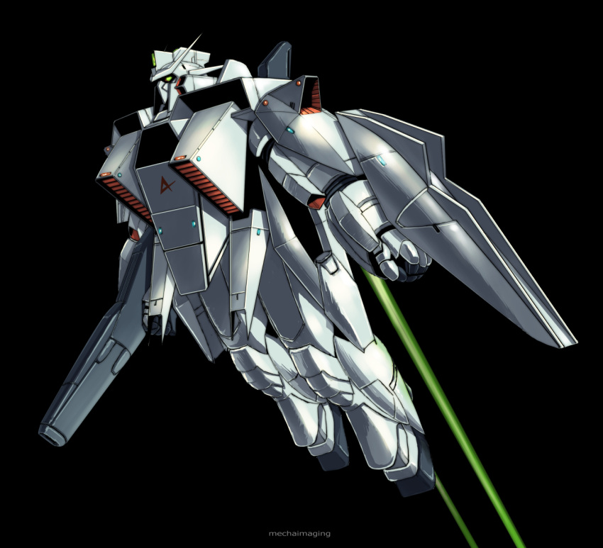 artist_name, black_background, char's_counterattack, clenched_hand, flying, green_eyes, gun, gundam, gundam_high_streamer, highres, holding, holding_gun, holding_weapon, looking_up, mecha, mobile_suit, no_humans, nu_gundam, robot, science_fiction, solo, v-fin, weapon, yamada_yuuji