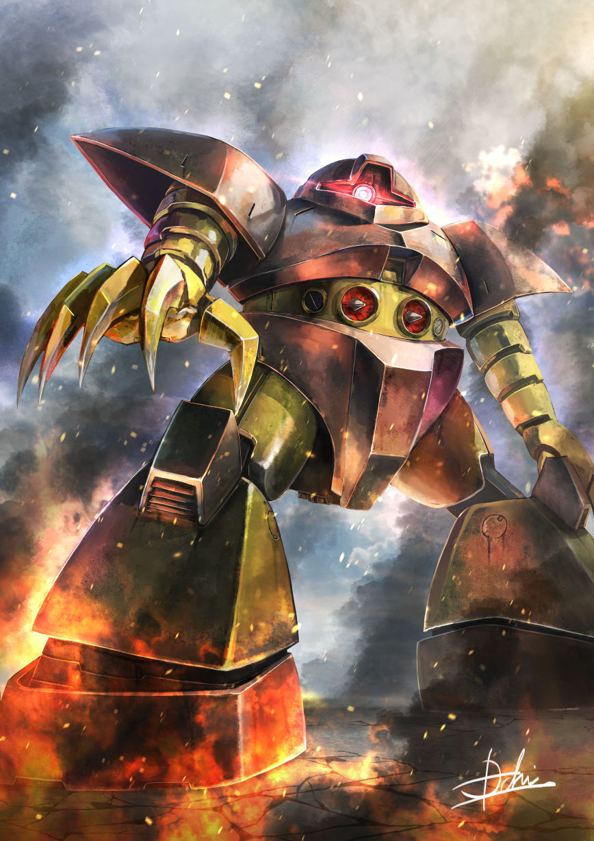 fire, glowing, glowing_eye, gogg, gundam, highres, hukutuuprunes, mecha