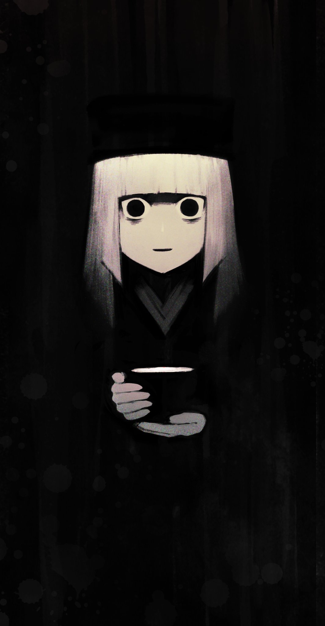 1girl, black_eyes, creepy_eyes, cup, dark, fate/grand_order, fate_(series), grey_hair