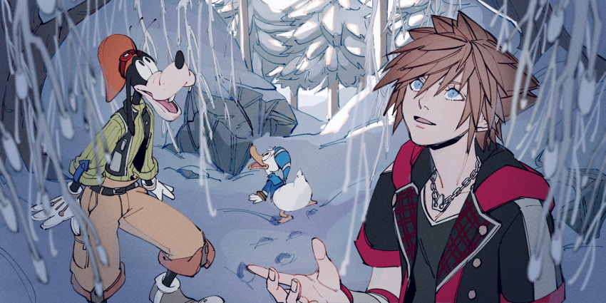 3boys, animal, bird, black_jacket, black_shirt, black_vest, blue_eyes, blue_headwear
