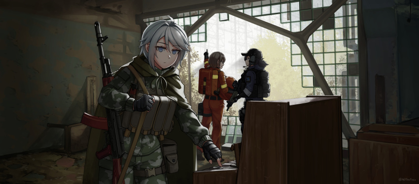 3girls, absurdres, ak-74, arm_up, assault_rifle, bangs, baseball_cap, black-framed_eyewear