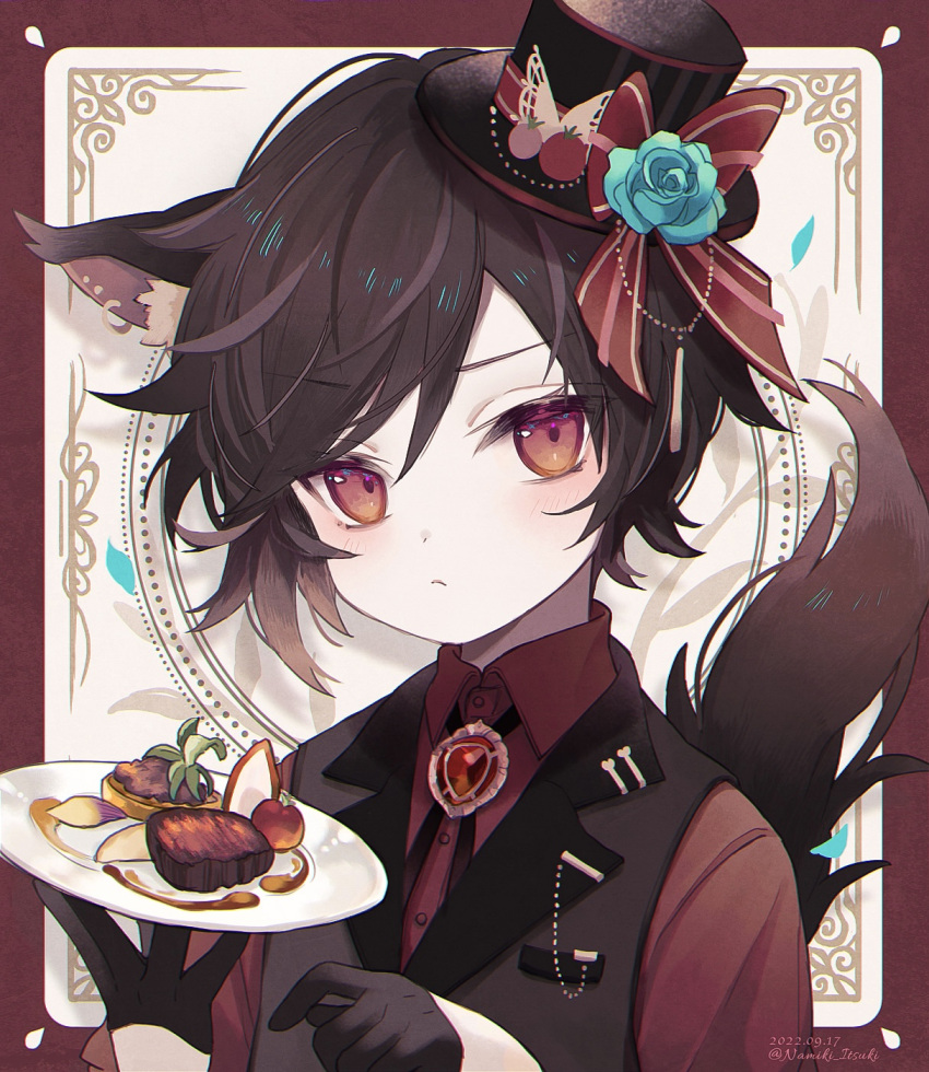 1boy, animal_ear_fluff, animal_ears, bangs, beef, black_gloves, black_hair, black_headwear