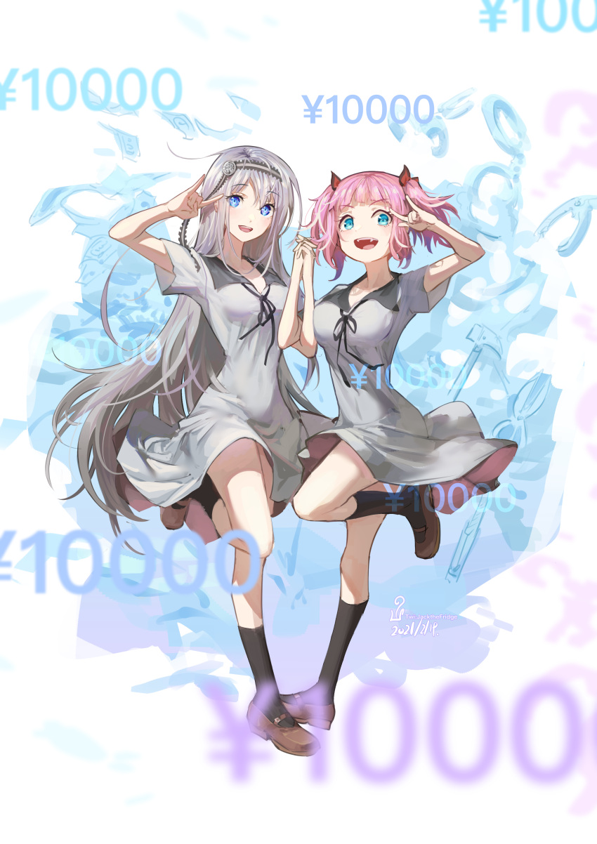 2girls, :d, absurdres, blue_eyes, braid, dress, fujiwara_moeha, grey_hair