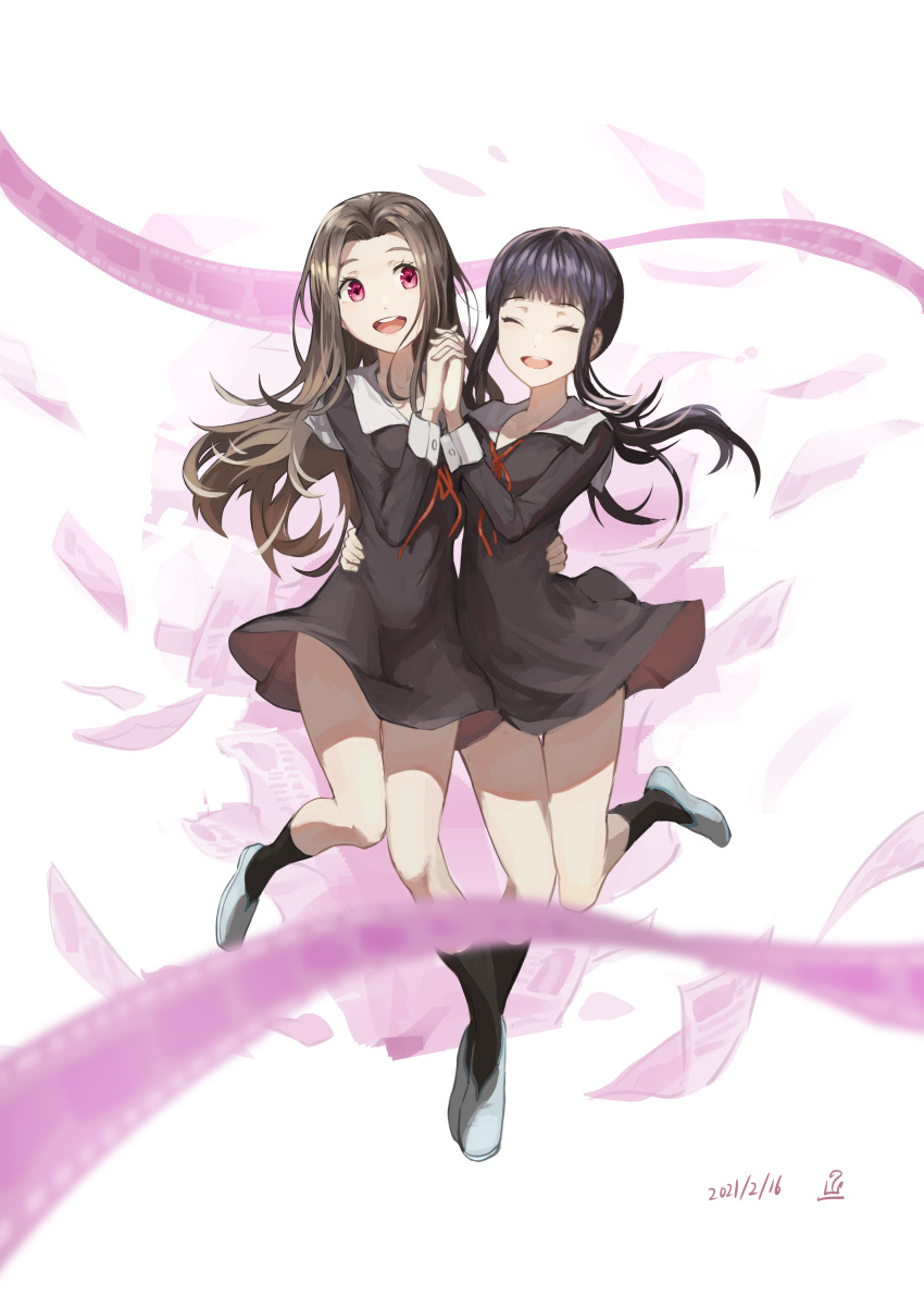 2girls, absurdres, bangs, black_dress, black_hair, brown_hair, closed_eyes, dress, full_body, hand_on_another's_waist, highres, holding_hands, interlocked_fingers, kaguya-sama_wa_kokurasetai_~tensai-tachi_no_renai_zunousen~, kino_karen, kose_erika, long_hair, multiple_girls, open_mouth, red_eyes, school_uniform, smile, socks, tanziya_(codlxcold), teeth, upper_teeth