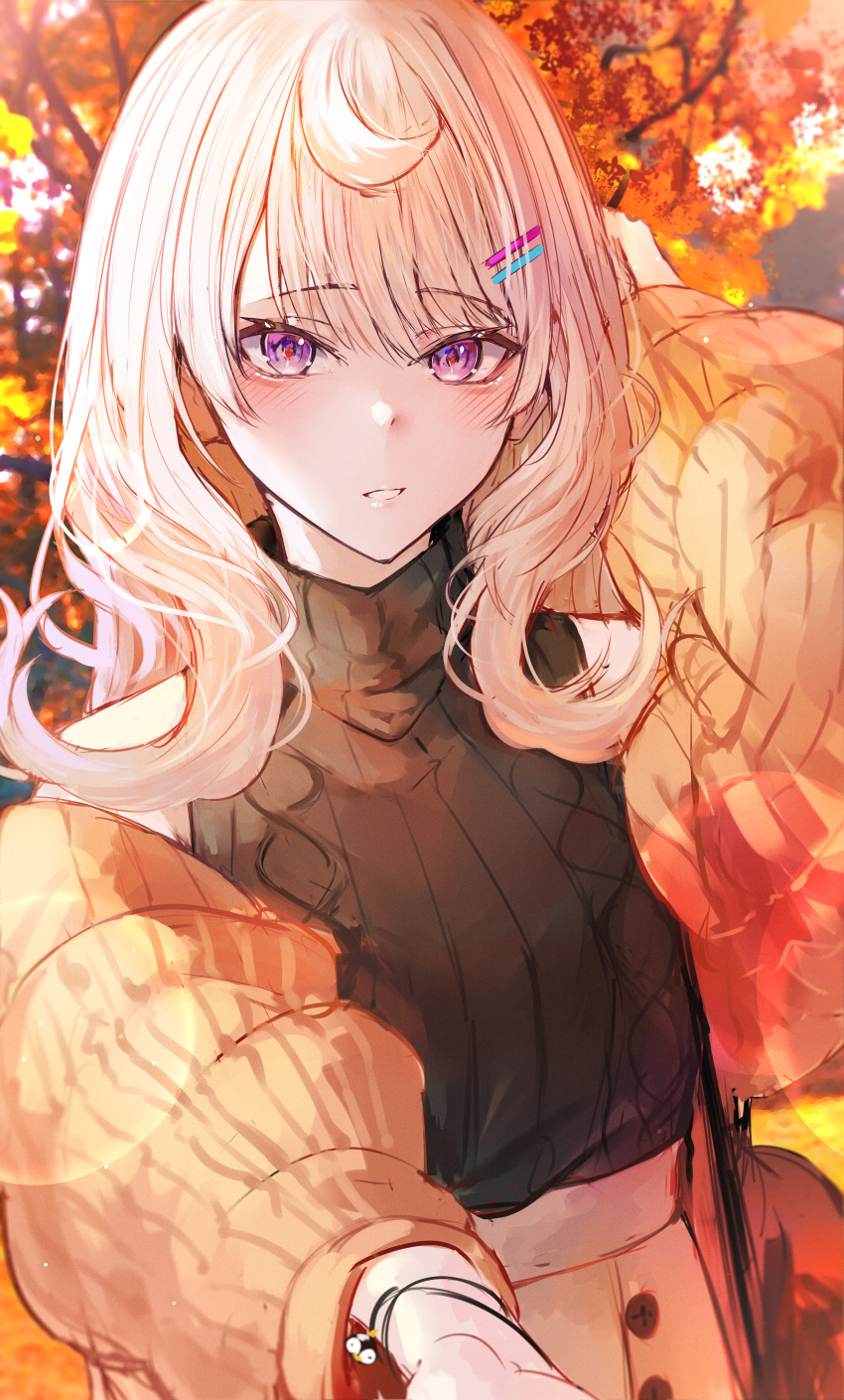 1girl, absurdres, autumn_leaves, bangs, black_sweater, blonde_hair, blush, brown_skirt