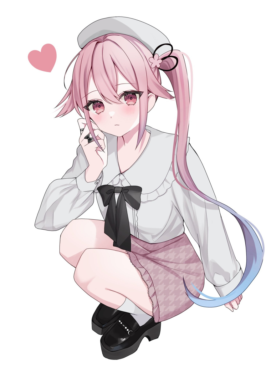 alternate_costume, beret, black_footwear, casual, harusame_(kancolle), hat, heart, highres