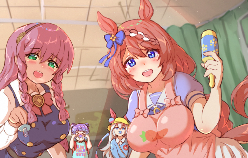 >_<, 4girls, animal_ears, apron, breasts, empty_eyes, hair_ornament, hat