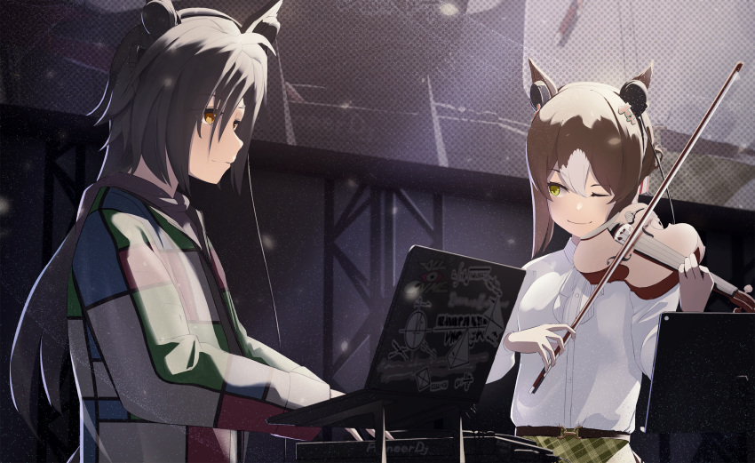 2girls, air_shakur_(umamusume), alternate_costume, animal_ears, black_hair, bow_(music), brown_hair, closed_mouth