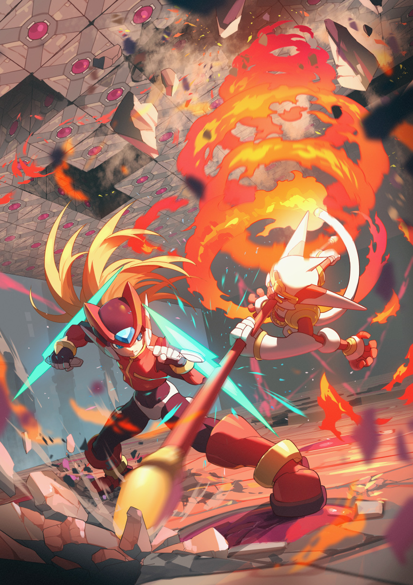 1boy, absurdres, battle, blonde_hair, closed_mouth, destruction, energy_blade, fighting_stance