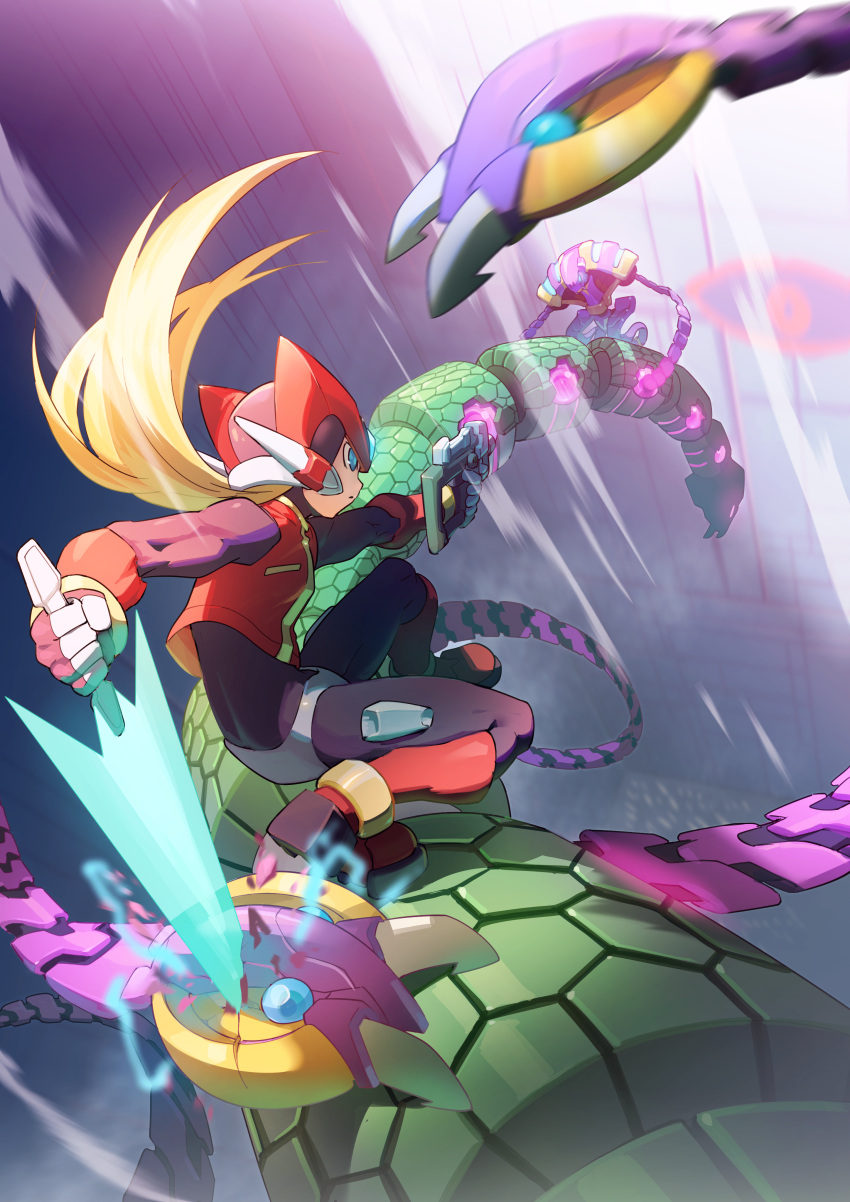 1boy, absurdres, battle, blonde_hair, energy_sword, gun, helmet, highres, holding, holding_gun, holding_sword, holding_weapon, hyleg_ourobockle_(mega_man), long_hair, mega_man_(series), mega_man_zero, ponytail, robot, squatting, sword, tanziya_(codlxcold), weapon, zero_(mega_man)